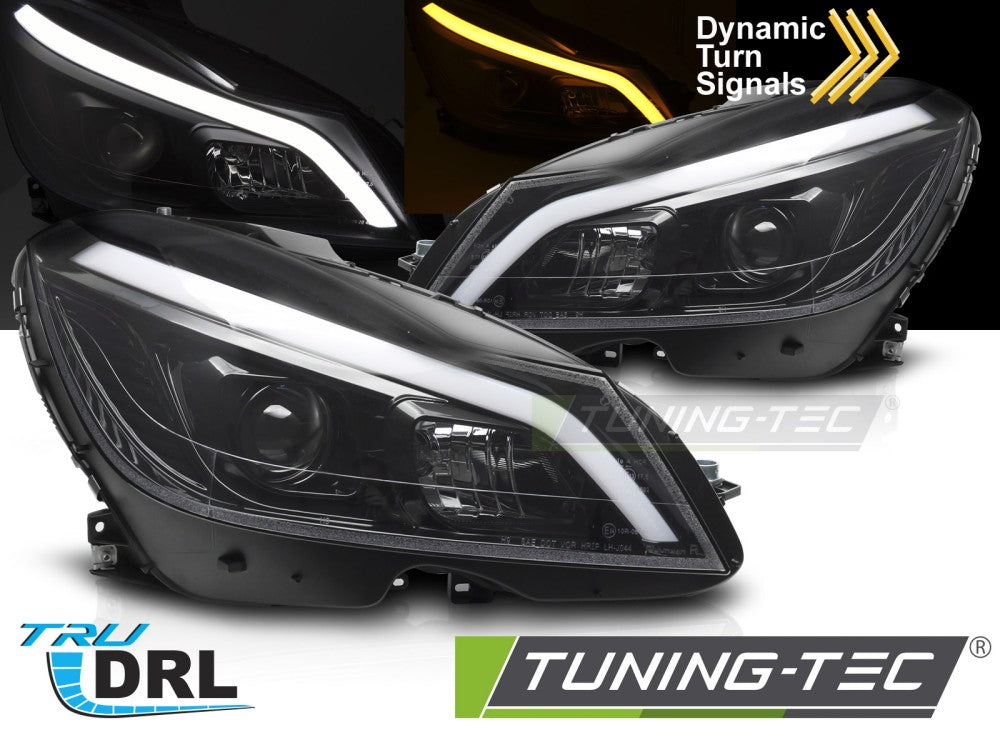 Phares tubulaires à LED noir brillant avec feux de jour séquentiels (DRL) compatibles avec Mercedes W204 11-14