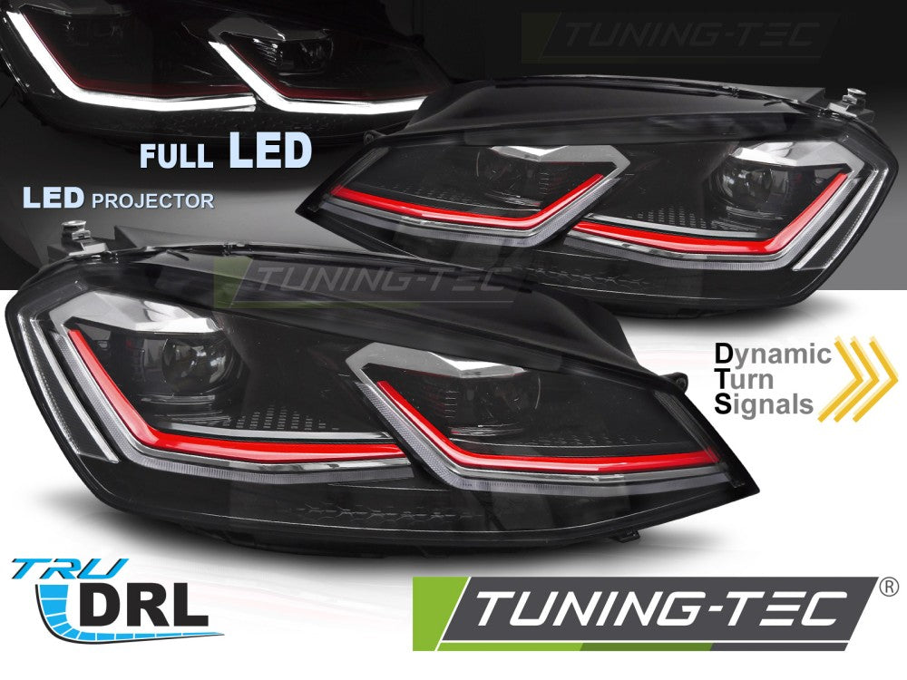 Phares Full LED avec feux de jour à liseré rouge, compatibles avec VW Golf VII 12-17