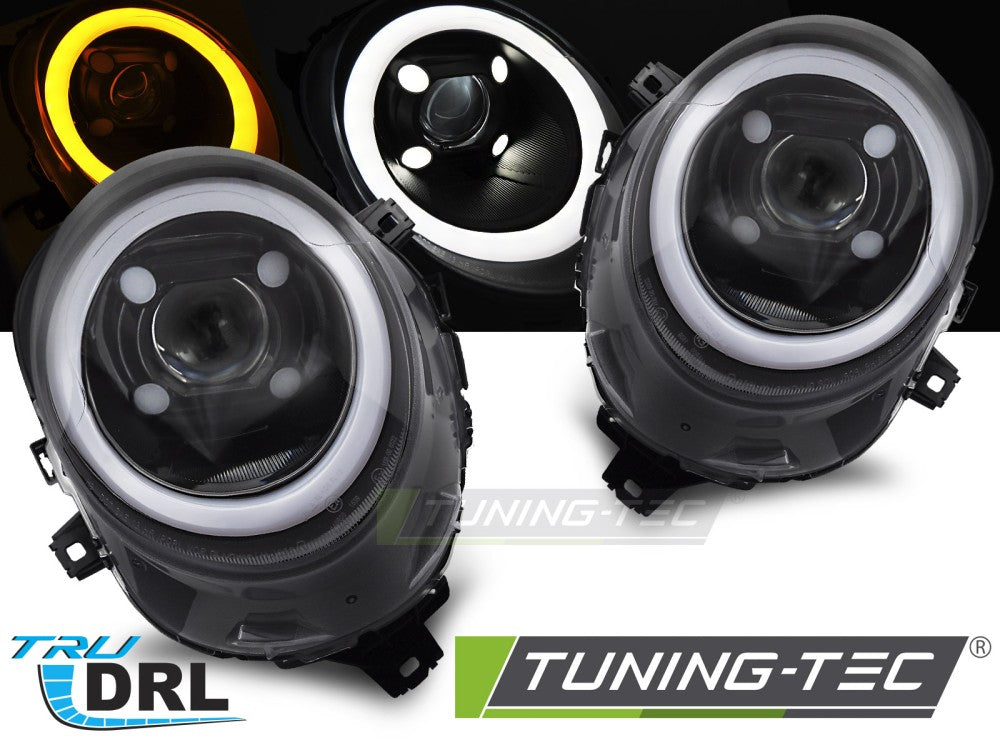 Phares tubulaires noirs brillants avec feux de jour compatibles avec MINI (COOPER) F55 / F56 / F57 14-17