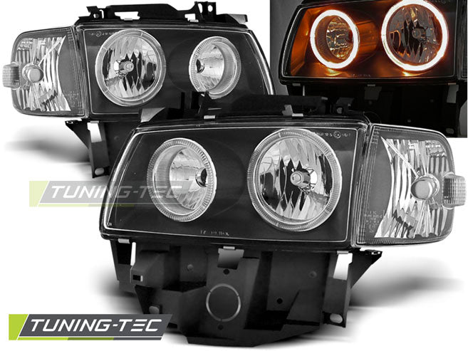 Phares Angel Eyes noirs compatibles avec VW T4 (08.96-03.03)