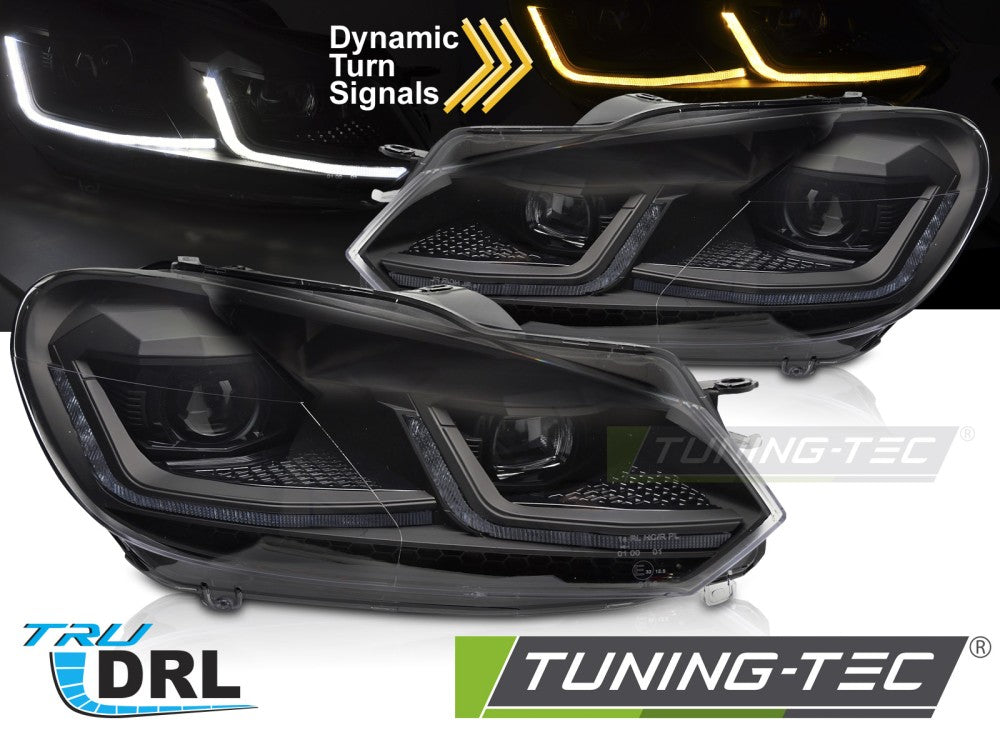 Phares avant noirs à LED séquentiels avec feux de jour (DRL) compatibles avec VW Golf VI 08-12