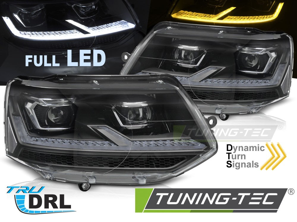 Phares Full LED noirs chromés séquentiels avec feux de jour (DRL) compatibles VW T5.1 10-15