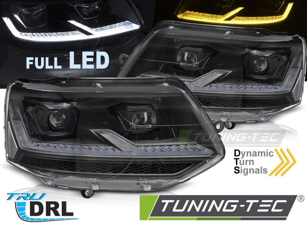 Phares Full LED noirs séquentiels avec feux de jour (DRL) compatibles VW T5.1 10-15