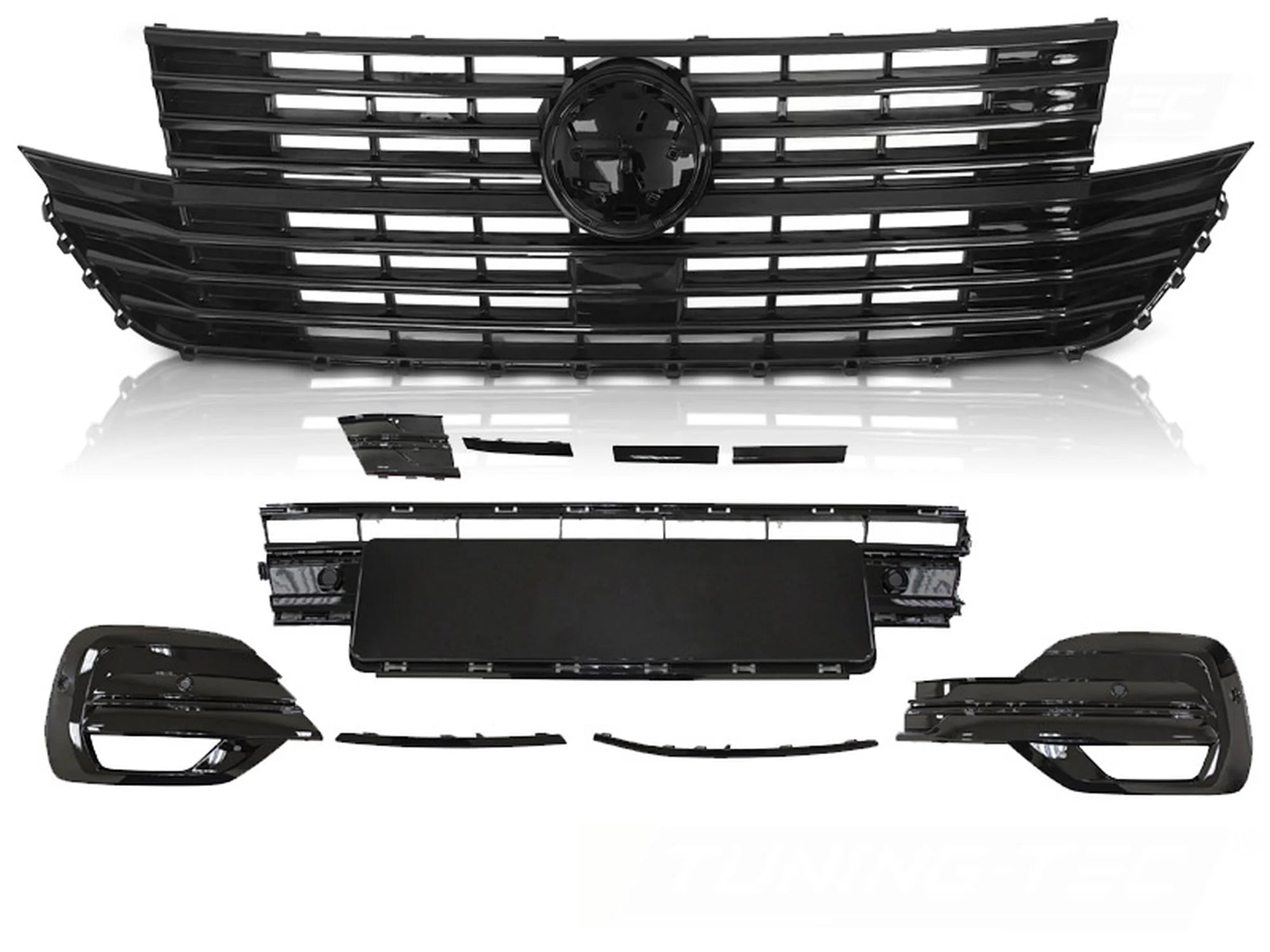 CALANDRE AVEC ÉLÉMENT DE PARE-CHOCS ET BASE DE LOGO NOIR BRILLANT compatible VW T6.1 20
